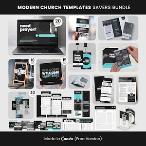 Lot de modèles de toile d'église moderne, Diapositives de présentation, Carte d'informations, Carte de connexion, Invitations, Enveloppe pour offrir, Cadres en A, Panneau de bienvenue, Prochaines étapes