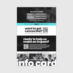 Modèle de carte d'informations sur l'église moderne : connexion par code QR, dons, heures de service (modifiable sur toile)