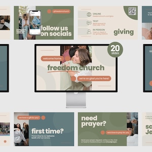 May include: A digital collection of 20 church presentation slides featuring a muted color palette of sage green, cream, and terracotta. The slides include various layouts with text such as Freedom Church, Worship Night, and Giving, alongside imagery of people.