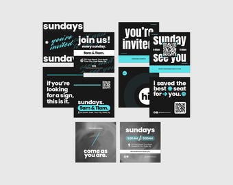 May include: A collection of black and white graphic designs with teal accents. The designs feature text such as "Sundays", "You're Invited", and "Come as you are". QR codes and service times are also included.