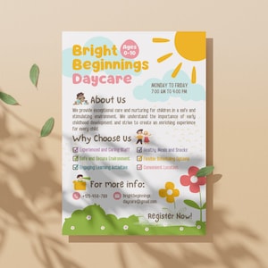 Peut inclure: Une affiche colorée pour Bright Beginnings Daycare, un centre de garde d'enfants pour les enfants de 0 à 10 ans. L'affiche présente un soleil, un nuage et une image de dessin animé d'un enseignant et d'un enfant. L'affiche indique les heures d'ouverture de la garderie, les coordonnées et les raisons de choisir Bright Beginnings Daycare.