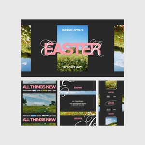 May include: A promotional graphic with the word "EASTER" in pink, set against a green field. The text "SUNDAY, APRIL 5" is above, and "AT OVERFLOW" is below. Additional graphics with the text "ALL THINGS NEW" are also present.