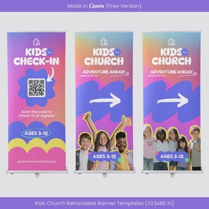 Moderne Kinderkirche versenkbare Banner Canva Vorlage, ästhetisches Kinderschutz-Pop-up-Banner, Kinderschutz- Check-In-Banner, VBS, Sonntagsschule