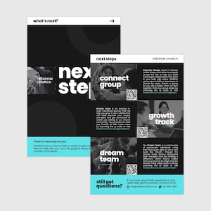 May include: Two black and white informational flyers for Freedom Church. The front features the text what's next? and a cyan footer. The back details Connect Groups, Growth Track, and Dream Team with QR codes and a cyan footer with contact info.