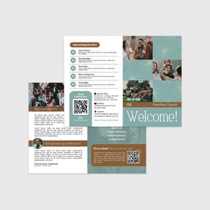 Puede incluir: Folleto en tonos turquesa y marrón. Muestra el texto "¡Bienvenido!" y detalles de "Próximos eventos". El diseño incorpora fotografías y códigos QR. El folleto es para una iglesia.