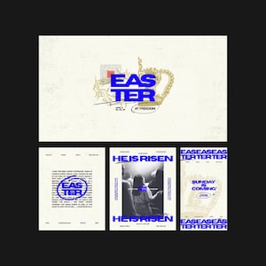 Gráficos modernos de Pascua, eventos religiosos contemporáneos de Pascua 2026 (Canva Pro editable)