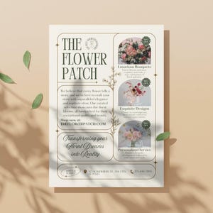 Può includere: Un volantino per un negozio di fiori chiamato "The Flower Patch" con sfondo bianco e dettagli dorati. Il volantino presenta immagini di vari arrangiamenti floreali e il testo "Transforming your Floral Dreams into Reality".