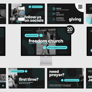 Op de afbeelding: Een digitale collectie van 20 presentatiedia's voor een kerk, met een zwart, wit en talingroen kleurenschema. De dia's bevatten tekst zoals Freedom Church, worship night, giving en need prayer, weergegeven in een modern schreefloos lettertype.