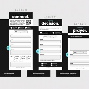May include: Three black and white cards with the words "connect", "decision", and "prayer" at the top. Each card has a form with fields for name, email, and address. The cards are 3.5 inches wide.