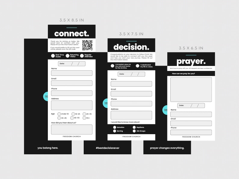 May include: Three black and white cards with the words "connect", "decision", and "prayer" at the top. Each card has a form with fields for name, email, and address. The cards are 3.5 inches wide.
