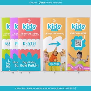 Moderne Kinderkirche versenkbare Banner Canva Vorlage, Pop-up-Banner für das ästhetische Kinderamt, Kinderwerk Check-In, VBS 2025, Sonntagsschule