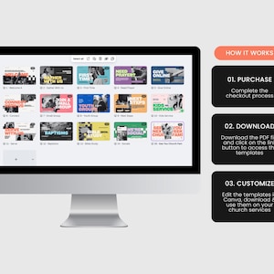 K&ouml;nnte beinhalten: Ein Desktop-Computer zeigt eine Website mit Vorlagen f&uuml;r Gottesdienste. Der Bildschirm zeigt farbenfrohe Karten mit Texten wie "Willkommen", "Taufen" und "Jugendgruppe". Anweisungen auf der rechten Seite erkl&auml;ren, wie man die Vorlagen kauft, herunterl&auml;dt und anpasst.