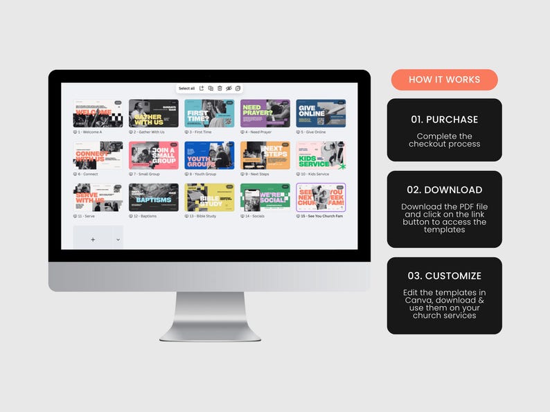 K&ouml;nnte beinhalten: Ein Desktop-Computer zeigt eine Website mit Vorlagen f&uuml;r Gottesdienste. Der Bildschirm zeigt farbenfrohe Karten mit Texten wie "Willkommen", "Taufen" und "Jugendgruppe". Anweisungen auf der rechten Seite erkl&auml;ren, wie man die Vorlagen kauft, herunterl&auml;dt und anpasst.
