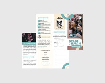 Puede incluir: Un folleto de iglesia tríptico con una foto de personas sonrientes, un código QR y texto que incluye Grace Church, Upcoming Events y Statement of Beliefs. El diseño utiliza colores verde azulado, beige y blanco con secciones para anuncios y servicios.