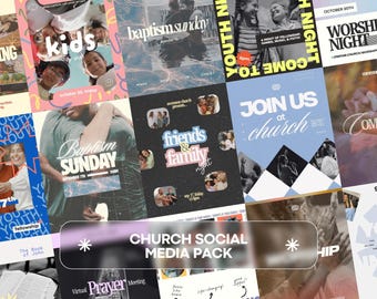 May include: A digital collection of church social media templates featuring various graphic designs, typography, and photographic elements. The layouts include text such as Baptism Sunday, Youth Night, Worship Night, and Friends & Family Night.