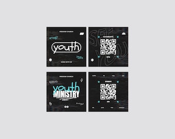 May include: Four square graphics with a black background. The top left graphic says "youth" in a white oval. The top right graphic has a QR code and says "See You Saturdays 5PM". The bottom graphics say "Youth Ministry" and "Come As You Are".