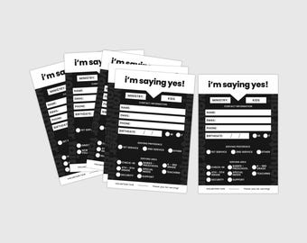 May include: Black and white volunteer sign-up sheet with the text "I'm saying yes!" and a section for contact information, serving preferences, and serving area. The sign-up sheet is for a kids ministry.