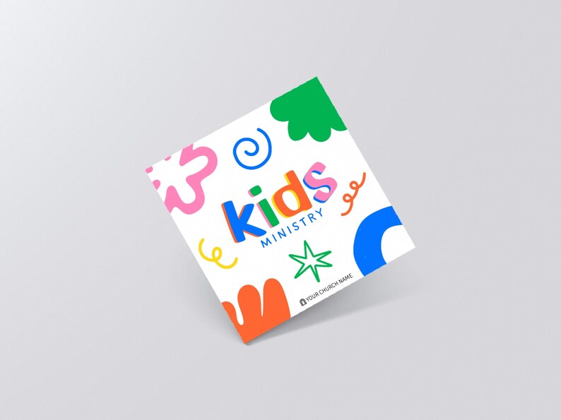 May include: A square card featuring the text "kids MINISTRY" in colorful, rounded letters. The design includes various abstract shapes in pink, green, blue, yellow, and orange, along with the small text "YOUR CHURCH NAME" at the bottom right.