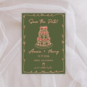 Grillige handgetekende Save the Date-sjabloon, afdrukbare bewerkbare chique bruiloft uitnodiging, eigenzinnige bruiloft kersentaart, moderne retro uitnodiging