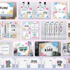 Kids Ministry Templates Pack: Kids Church Branding, Staff/Volunteer Shirt Designs, Banners, Welcome Signs (Canva Editable, Digital Download)