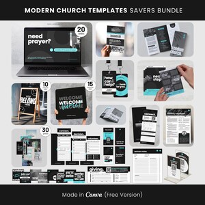 Pacchetto di modelli Canva per chiese moderne, diapositive pre-servizio, scheda informativa, scheda di connessione, inviti, buste per donazioni, cavalletti, cartelli di benvenuto, passaggi successivi