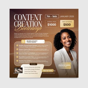 Peut inclure: Une affiche marron et or annonçant un bootcamp en ligne de création de contenu de 10 jours. L'affiche présente une femme souriante et le texte "Content Creation Bootcamp" avec les dates "7th-16th January 2025". L'affiche énumère également les avantages du bootcamp, notamment le développement d'une stratégie de contenu solide, l'amélioration des compétences créatives, la croissance de votre marque et de votre audience, l'amélioration de l'efficacité et le gain de temps, et la monétisation de votre contenu.