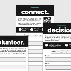 May include: Cards with the words "connect," "volunteer," and "decision" in bold white text on a black background. The cards have fill-in-the-blank sections for name, email, and date, with a QR code for online access.