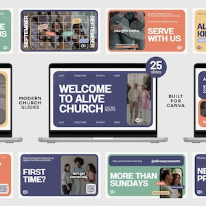 May include: A collection of 25 digital church presentation slides displayed on three laptop screens. The slides feature various layouts with text such as Welcome to Alive Church, Do Life With Us, Serve With Us, Alive Kids, and First Time, using a color palette of muted greens, oranges, and dark blues.