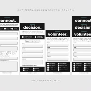 May include: A set of stackable rack cards with a black and white design. The cards include the words "connect", "decision", and "volunteer" in bold white text on a black background. Each card has fill-in-the-blank sections for information.