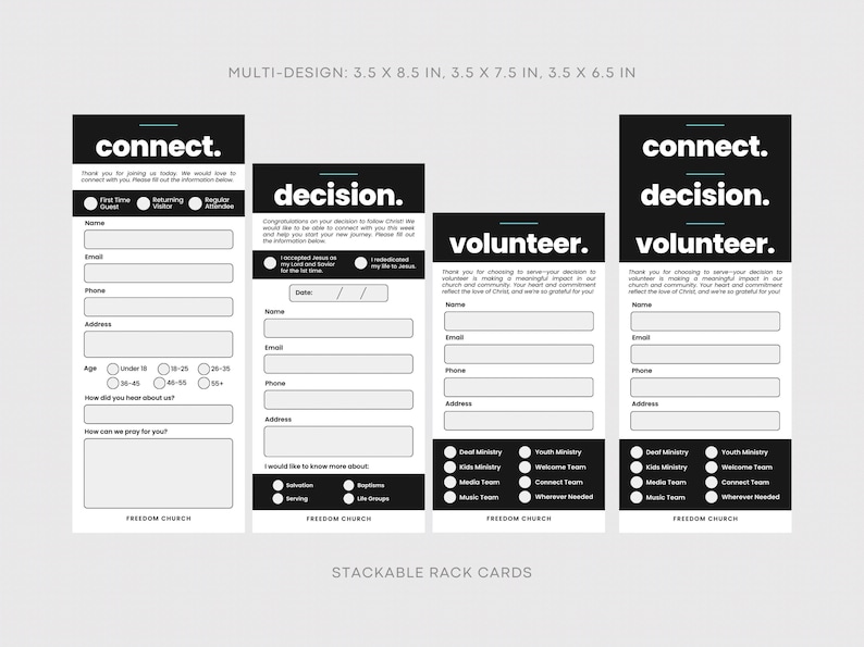 May include: A set of stackable rack cards with a black and white design. The cards include the words "connect", "decision", and "volunteer" in bold white text on a black background. Each card has fill-in-the-blank sections for information.