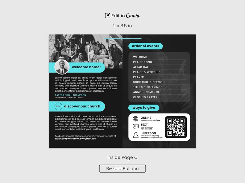 Modern Church Bi-fold Bulletin Template: Editable Canva Design (digital ...