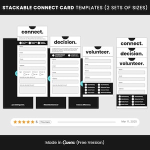 Plantilla de Canva para tarjetas de conexión apilables de iglesia con estética moderna, tarjeta de próximos pasos, decisión de servicio dominical y tarjetas de voluntariado.