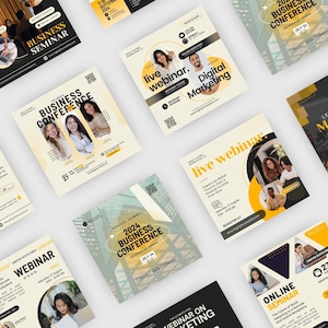 May include: A collection of social media post templates for business events. The templates feature a yellow and black color scheme with text that reads "Business Seminar", "Business Conference", "Live Webinar", "Online Seminar", "Let's Talk About Marketing", and "Webinar on Marketing".