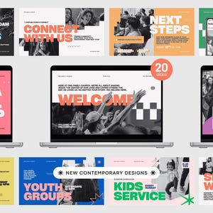 May include: A collection of twenty digital presentation slides for a church, displayed on three laptop screens. The slides feature bold typography, black and white photography, and vibrant color blocks in pink, blue, yellow, orange, and green.