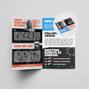 May include: A brochure with the text "Meet Pastor Elijah" and "Who We Are." The brochure has a photo of a man and lists upcoming events, including a youth worship night and a women's conference.