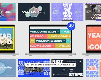 May include: A collection of 30 digital presentation slides for church events displayed on laptop screens. The slides feature various graphic designs, bold typography, and text including Welcome 2026, Communion Sunday, Youth Ministry, and Kids Your Church.