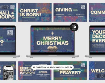 May include: A collection of 15 digital presentation slides for church Christmas services, featuring a dark blue background with abstract textures, star icons, and QR codes. The text includes phrases like Merry Christmas, Christ is Born, and Giving.