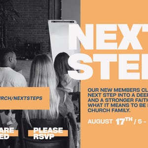 K&ouml;nnte beinhalten: Eine Veranstaltungsank&uuml;ndigung mit den Worten "NEXT STEPS" in gro&szlig;en wei&szlig;en Buchstaben auf orangefarbenem Hintergrund. Der Text enth&auml;lt das Datum 17. August, 17-19 Uhr, und die Website onefam.church/nextsteps.