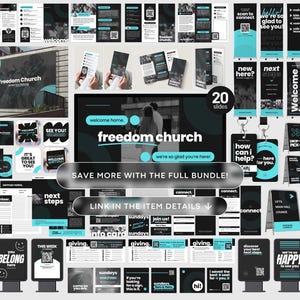 May include: A comprehensive digital branding bundle for Freedom Church featuring black and teal graphic templates, including banners, flyers, signage, social media posts, and informational cards with text such as Welcome Home and You Belong Here.
