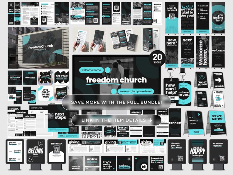 May include: A comprehensive digital branding bundle for Freedom Church featuring black and teal graphic templates, including banners, flyers, signage, social media posts, and informational cards with text such as Welcome Home and You Belong Here.