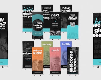 May include: A collection of vertical retractable banners for Freedom Church featuring black, white, and teal color schemes with various text including New Here, You Belong Here, Next Steps, Welcome Kids, Nursery, Pre-K, K-5th, and Welcome Home.