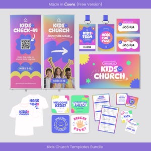 Moderne kinderkerk canva sjablonenbundel, esthetische zondagsschoolpresentatiedia's, uitnodigingskaart kinderdienst, incheckbanner kinderen, VBS