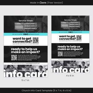 Modello Canva per scheda informativa sulla chiesa moderna, scheda informativa per i visitatori, scheda di collegamento per il servizio domenicale, scheda per donazioni con codice QR, orari dei servizi religiosi