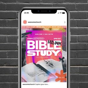 Può includere: Uno smartphone mostra una vivace pubblicità per uno studio biblico. La grafica presenta le parole "BIBLE STUDY" in grandi lettere bianche su uno sfondo rosa e arancione. L'annuncio include il testo "EVERY WEDNESDAY" e "6PM EST".