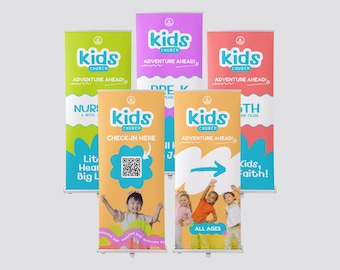 May include: A collection of colorful retractable banners for a kids' church. Each banner features the "kids church" logo, the phrase "Adventure Ahead!", and other text. Some banners include images of children and QR codes.