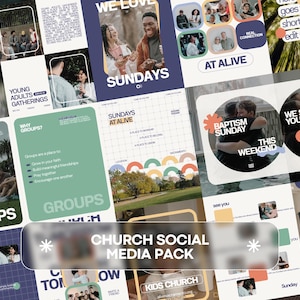 Könnte beinhalten: Ein digitales Social-Media-Vorlagenpaket für Kirchen mit verschiedenen Layouts und Texten wie House of Miracles, Young Adults Gatherings, We Love Sundays, At Alive, Baptism Sunday, We Saved You A Seat, Groups und Kids Church.