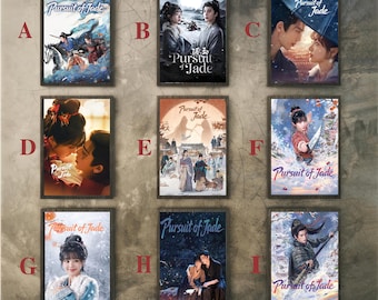 May include: A grid of nine rectangular posters labeled A through I, each featuring the title Pursuit of Jade. The posters display various scenes with characters in traditional attire, including action sequences, romantic close-ups, and snowy landscapes.