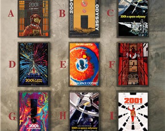 May include: A collection of nine rectangular posters featuring various artistic interpretations of the film 2001: A Space Odyssey. Each poster displays unique graphic designs, including space suits, celestial bodies, abstract patterns, and film titles.
