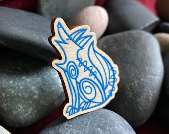 Limited Edition COYOTE SPIRIT Wooden Art Pin, tack, brooch. Signed and numbered.