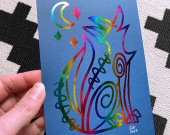 Holo PRINT Shiny Mystic Coyote, magic, witchy, familiar, yote or wolf
